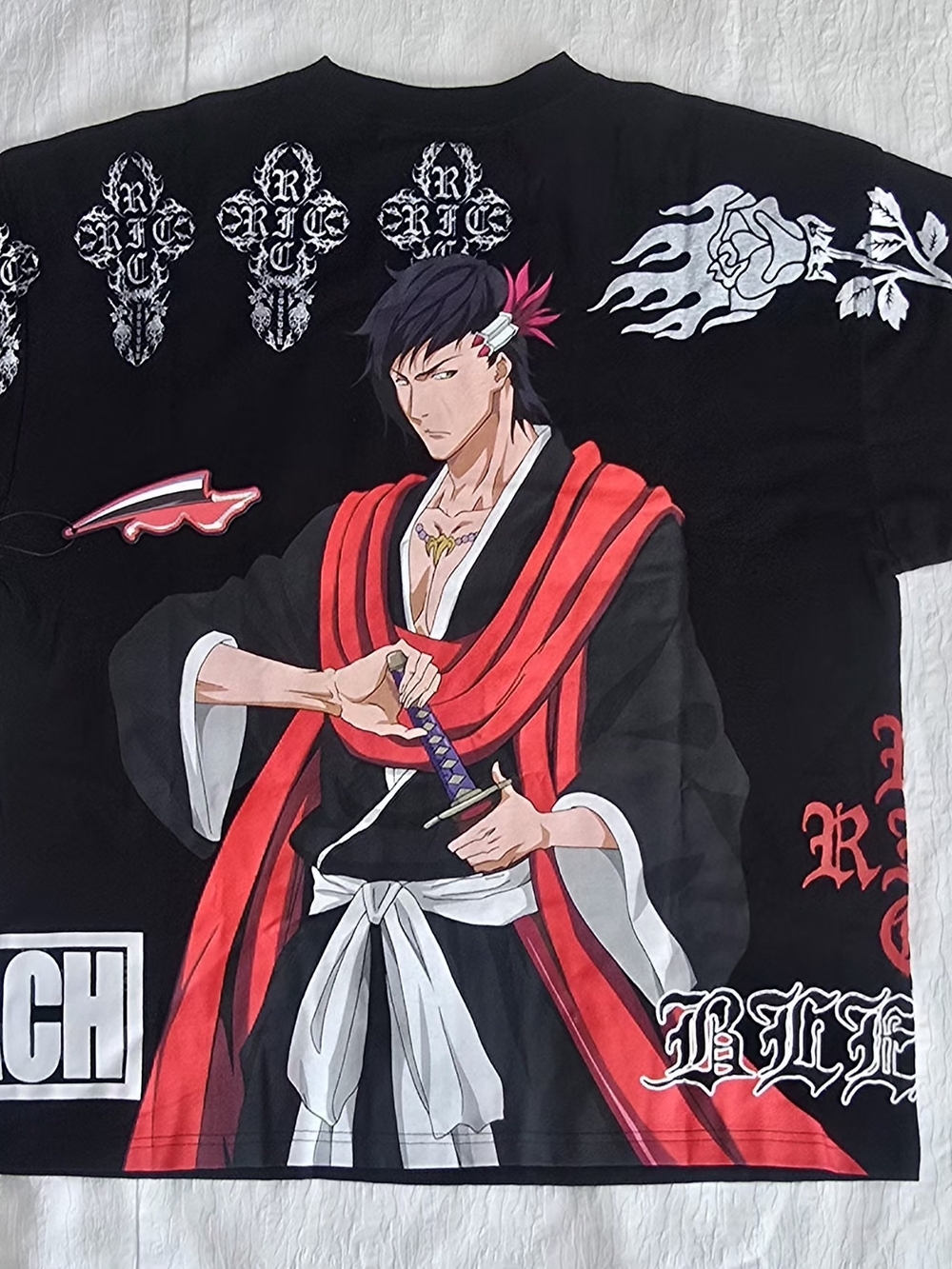 Men's Black Graphic Anime Samurai Tee with Red Accents